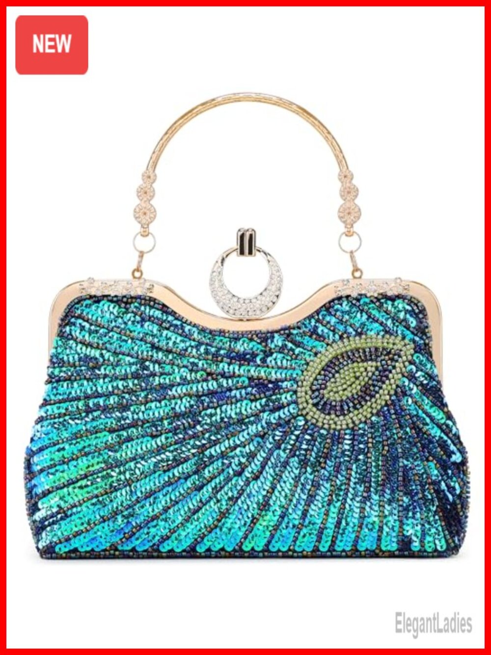 Vintage Beaded Evening Clutch Purse with Sequin Peacock Design Detachable Chain
